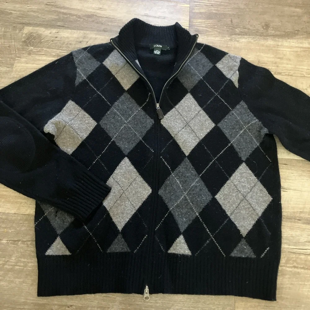 J. Crew Men's L 100% Lambs Wool Diamond Black Tan Full Zip Sweater Jacket